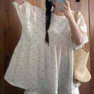 여성용 플라워 퍼프 블라우스 대형 사이즈 꽃놀이룩