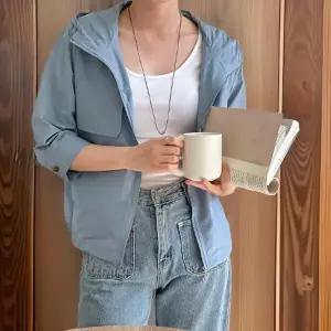 여성 후드집업 스트링 나일론 점퍼 봄철 칠부 소매