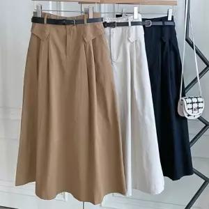 봄트렌치 여자 밴딩 미색 플리츠 면치마 롱스커트