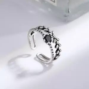 커플 예쁜 가족 학생 흑요석 레이어드 투라인 잎 반지