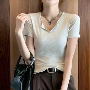 여성 슬림핏 브이넥 반팔 티 골지 티셔츠