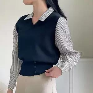 블루종 브이넥조끼 슬림핏 레이어드 스트라이프셔츠