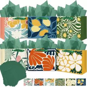 Qiqee 9.6 x7.9 x4.3 6PCS 클래시 플라워 종이 선물 와이드 백 티슈 손잡이 포함 중간 크기 가방 (12PCS )