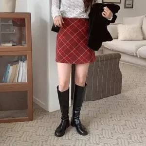 체크치마 h라인 슬림핏 딱붙 빨간색 일자미니스커트