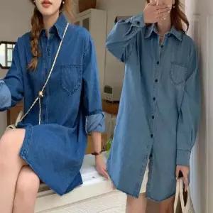 여자 진청 연청 롱기장 오버핏 데님셔츠 청남방