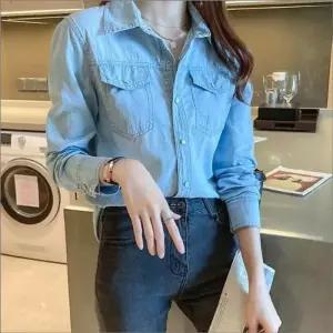 여자 포켓 캐주얼 데일리 단정한 데님셔츠 청남방 오피스룩