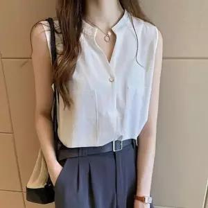 여성 셔츠 루즈핏 차이나카라 오피스룩 민소매 V넥