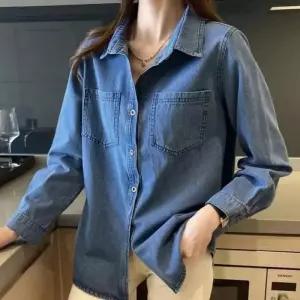 여자 데님 긴팔 포켓 진청 셔츠 카라 청남방 캐주얼