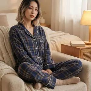 겨울 코크니앵 신혼부부 수면 체크 홈웨어 잠옷 네이비 실내복 커플파자마세트 실내복