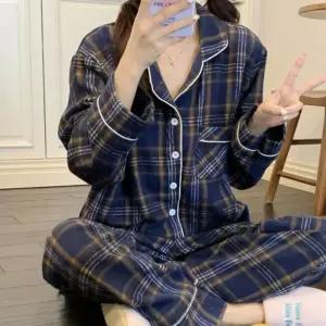 신혼부부 홈웨어 네이비 겨울 커플 실내복 수면 실내복 파자마 코크니앵 체크 잠옷