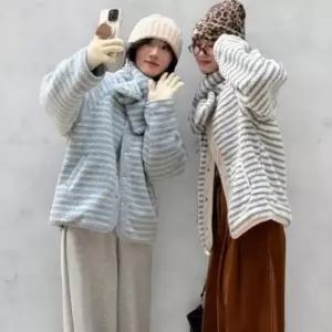 여성 겨울 방한 양면 스트라이프 패딩 머플러 세트