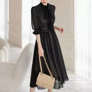 XXL까지) 토마 셔링 하이넥 쉬폰 플레어 원피스 봄 가을 하객룩 오피스룩 모임룩 격식룩 빅사이즈