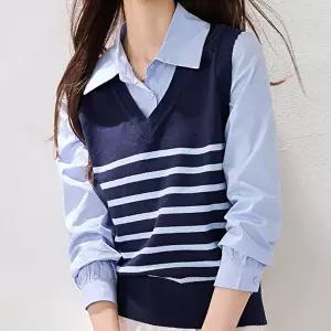 [패션시그널]브이넥줄지조끼 레이어드 셔츠블라우스 D9E173