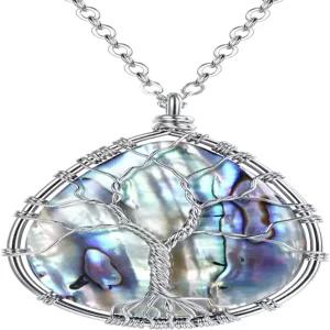 포칼룩 스테인리스 스틸 와이어 랩드 트리 오브 라이프 전복 목걸이 핸드메이드 코스튬 주얼리 롱 선물