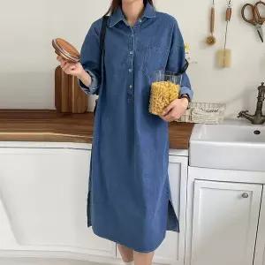 [유야]여성 카라 긴팔 데님 셔츠 롱 원피스 청원피스 -EOP0389- 빅사이즈 루즈핏 오버핏 봄
