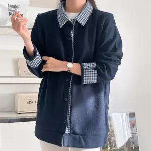 여자 기모 체크셔츠 레이어드 빅사이즈 네이비 가디건