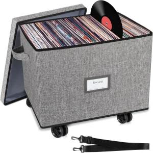 루클린 롤링 비닐 레코드 보관함 LP 100장의 싱글 레코드용 장식용 무빙 박스 견인 로프와 이중 손잡이가