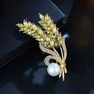 [하프클럽/]보리 잎사귀 쿠픽 골드0지르코니아 패션브로치 진주 옷핀 옐로