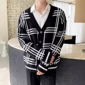 남성 3컬러 캐주얼 모던룩 체크패턴 긴팔 니트가디건 (WFKBJNL)