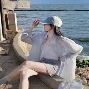 [하프클럽/]여성 여름 얇은 시스루 오버핏 스트라이프 셔츠 남방