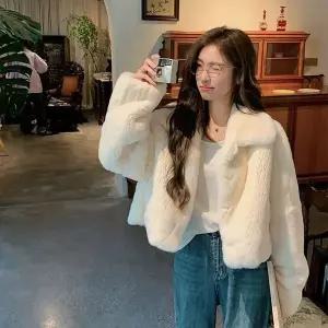여성용 숏 토끼털 코트 두꺼운 면 재킷 겨울 외투 후드 스웨트셔츠 소형 사이즈 플러시 출퇴근 스타일