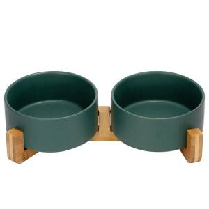 스펀키정키 세라믹 개와 고양이 볼, 우드 스탠드 논슬립 매트 글레이즈 가중 푸드 워터 세트, 미디엄 도그 28.7온스용