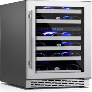 WINEBOSS 15인치 와인 냉장고 언더 카운터 28병 듀얼 존 쿨러 4065°F 이중 강화 유리 및 탈착식 선반이