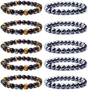 남성용 WAINIS 10PCS 8mm 마그네틱 스트레스 헤마타이트 트리플 블랙 비드 해소 테라피 보호 스톤 팔찌 여성용