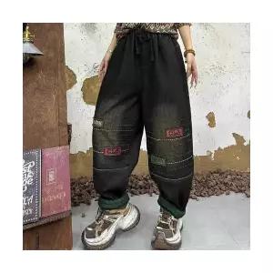 여성 스타일 완성 배기핏 청바지 기모 겨울 레터링 패치 배기바지 무바지 스포M4