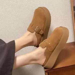 [다잇템] 여성용 일상 두꺼운굽 코지 키높이 버클 보온 슬리퍼