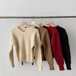 여성용 브이넥 빨간 꽈배기 겨울 데일리웨어