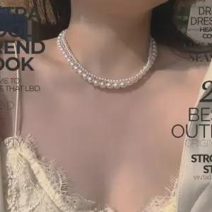 여성 2중 진주스트랩 힙한 패션 진주초커 목걸이 초커 목줄 비즈목걸이 깃털목걸이