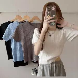 여성 케이블 니트 반팔 크롭 탑