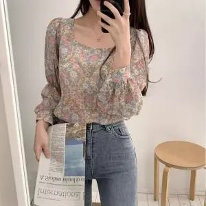 여자 패턴 퍼프 청순 플라워 블라우스 소매 스퀘어넥