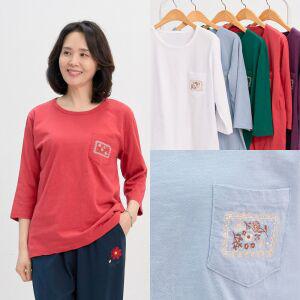 마미소 포켓 꽃 자수 면 티 국내생산 면100 칠부 간절기 여름 엄마 할머니 빅사이즈 40 60 마담 중년 여성 옷