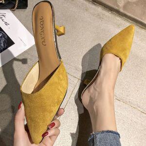 여성 파티룩 슬리퍼힐 옐로우 색상 뮬힐구두 힐뮬 굽있는슬리퍼 미들굽슬리퍼 여성슬리퍼힐 발편한슬리퍼