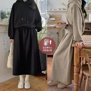 핫핑 [포근/따뜻] 캠즈 후리스 반크롭후드+플레어 롱스커트set