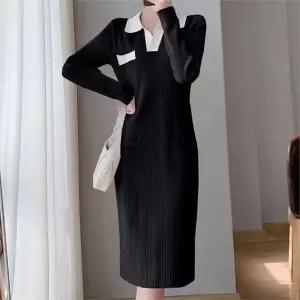 [오노마] ONM 화이트 카라 배색 니트 롱원피스 세로 라인 원피스 (S9999349)