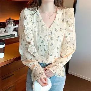 [오노마] ONM 플라워 패턴 프릴 주름 블라우스 여유핏 진주단추 (S9720796)