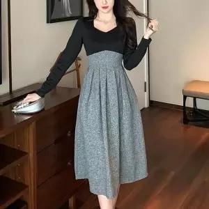 [오노마] ONM 하트넥 A라인 핀턱 주름 배색 원피스 (S9874097)