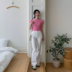 [하프클럽/]여자 라운드넥 허리 레이스 포인트 크롭 반팔 티셔츠