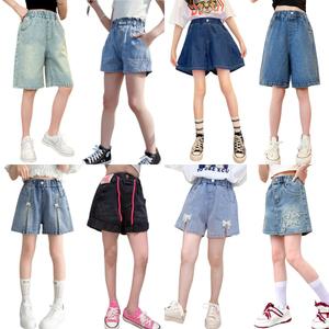 주니어 초등학생 여아 남아 키즈 데님 반바지 와이드 부츠컷 구제 찢청 버뮤다 중청 멜빵 청바지 의류