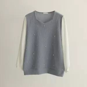 [66-110] 덴미 스퀘어 진주 배색 블라우스