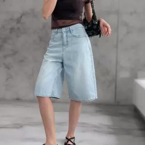 여자 5부 여름버뮤다 와이드핏 면 워싱 청반바지