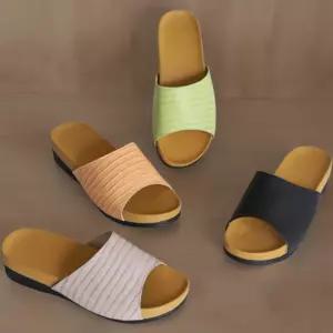 여성용 다채로운 스트라이프 오픈토 편안한 가죽 슬리퍼
