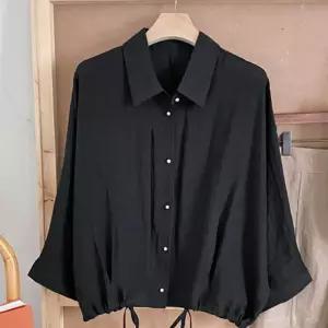 여성 린넨 혼합 버튼 스트링 루즈 셔츠