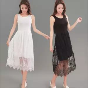 여성 레이스 레이어드 민소매 롱 드레스