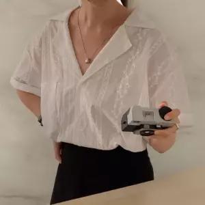 여성 플라워 레이스 포켓 빅사이즈 카라넥 반팔 면 블라우스