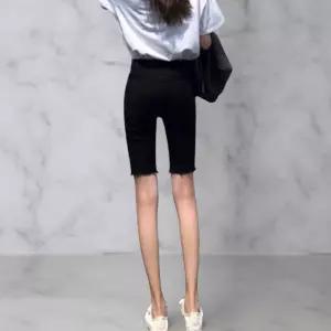 여성 스판 하이웨이스트 블랙 스키니 5부 바지