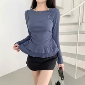 여성용 골지면 긴팔 내장형 레이어드 나시티